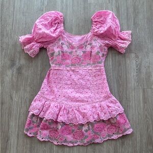 Pink Eyelet Puff-Sleeve Mini Dress
